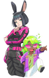  1boy 1girl :d animal_ears aqua_eyes belt black_jacket black_pants black_shirt commentary_request cropped_jacket cropped_legs dark-skinned_male dark_skin dede_(qwea_00000) eheeya_(ff14) final_fantasy final_fantasy_xiv glasses green-framed_eyewear green_shirt height_difference highres jacket korean_commentary lalafell musical_note opaque_glasses pants partially_opaque_glasses partially_opaque_sunglasses pink-tinted_eyewear pink_belt pointy_ears purple_jacket rabbit_ears rabbit_girl shirt simple_background smile smirk species_switch sugar_riot sunglasses tinted_eyewear viera white_background white_pants 