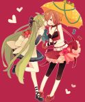  2girls belt brown_hair choker closed_eyes elbow_gloves fingerless_gloves gift gloves green_hair hatsune_miku long_hair meiko midriff multiple_girls navel open_mouth red_eyes short_hair skirt smile twintails umbrella very_long_hair vocaloid wink yoshiki 