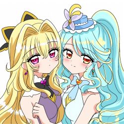  antenna_hair aqua_hair biwako_(biwa27) black_dress blonde_hair bow bowtie brooch capelet cure_arcana_shadow cure_eclair dress earrings expressionless hair_intakes hat heart highres hug jewelry long_hair looking_at_viewer magical_girl meitantei_precure! mutual_hug ponytail precure smile very_long_hair yuri 