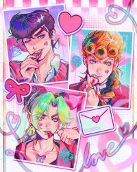  1girl 2boys alternate_costume blonde_hair blue_eyes braid braided_ponytail candy chocolate collared_shirt commentary cone_hair_bun diamond_wa_kudakenai double_bun earrings eating food fruit giorno_giovanna green_eyes green_hair green_lips hair_bun heart heart-shaped_chocolate heart-shaped_food higashikata_josuke highres holding holding_food holding_fruit jacket jewelry jojo_no_kimyou_na_bouken kujo_jolyne lollipop long_hair looking_at_viewer multicolored_hair multiple_boys necklace one_eye_closed pink_jacket pompadour purple_hair ring sayurkailen shirt single_braid smile stone_ocean strawberry two-tone_hair untranslatable_commentary vento_aureo white_shirt 