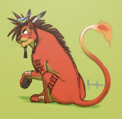  1boy annoyed bird body_markings closed_mouth dated english_commentary facial_mark fiery_tail final_fantasy final_fantasy_vii fire furry furry_male green_background looking_up male_focus mane meesh_(mushymeesh) on_head pawpads red_fur red_hair red_xiii roman_numeral signature tail 