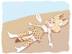  blonde_hair blush bow bowtie cat_girl detached_sleeves exhausted geoffroy's_cat_(kemono_friends) kemono_friends lying on_back polka_dot polka_dot_bow polka_dot_bowtie polka_dot_skirt pyon_ko shirt simple_background skirt speech_bubble sweat white_shirt 