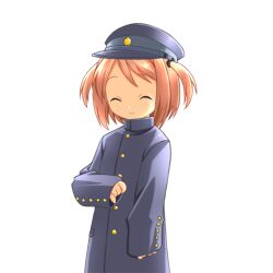  1girl 2000s_(style) ^_^ black_hat black_jacket blush brown_hair closed_eyes closed_mouth cowboy_shot gakuran game_asset hair_intakes harukaze_yayoi_(ryoujoku_gakuen) hat hogeroh jacket large_variant_set long_sleeves non-web_source oversized_clothes ryoujoku_gakuen school_uniform self-datamine simple_background sleeves_past_fingers sleeves_past_wrists smile solo standing swept_bangs transparent_background two_side_up variant_set 