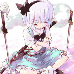  1girl blush blush_stickers bob_cut bow bowtie closed_eyes closed_mouth collared_shirt commentary_request crossed_arms crossed_legs frilled_skirt frills green_skirt green_vest hairband hat hat_ribbon katana konpaku_youmu konpaku_youmu_(ghost) lowres petenshi_(dr._vermilion) planted planted_sword puffy_short_sleeves puffy_sleeves ribbon sheath shirt short_hair short_sleeves sitting skirt socks solo sword third-party_source touhou vest wakizashi weapon white_hair white_shirt 