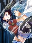  2girls ace_rocket akemi_homura argyle argyle_legwear blood blue_eyes blue_hair cape carrying gloves hair_ornament hairclip highres long_hair magical_girl mahou_shoujo_madoka_magica mahou_shoujo_madoka_magica_movie miki_sayaka multiple_girls pantyhose princess_carry short_hair thighhighs tied_up violet_eyes 