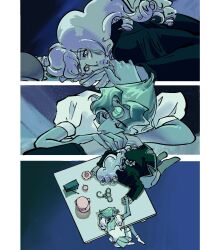  2girls aqua_skirt black_jacket chu_chu_(shoujo_kakumei_utena) commentary forehead_jewel gem highres holding_hands jacket multiple_girls ootori_gakuen_school_uniform pearl_(gemstone) pearl_(steven_universe) pink_hair scene_reference school_uniform shirt shoujo_kakumei_utena skirt sleeping steven_universe suund3w table untranslatable_commentary white_shirt 
