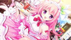  1girl :d ahoge bare_shoulders blush bow bowtie breasts buttons collared_shirt cowboy_shot cup detached_sleeves dress dutch_angle fang food frilled_dress frilled_sleeves frills fruit game_asset green_ribbon hair_between_eyes hair_ribbon haru_haru_(koikoko) holding holding_tray juliet_sleeves koi_suru_kokoro_to_mahou_no_kotoba large_breasts lemon lemon_slice long_hair long_sleeves looking_at_viewer maid_headdress non-web_source open_mouth pink_dress pink_hair pink_sleeves puffy_sleeves red_bow red_bowtie ribbon saucer self-datamine shiromochi_sakura shirt sleeveless sleeveless_shirt smile solo striped_clothes striped_dress tea teacup tray variant_set vertical-striped_clothes vertical-striped_dress vertical-striped_sleeves violet_eyes white_shirt 