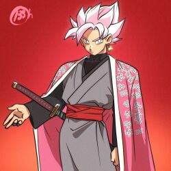  1boy cape closed_mouth dragon_ball dragon_ball_super earrings goku_black highres japanese_clothes jewelry katana l33oh pink_cape pink_hair red_background spiky_hair super_saiyan super_saiyan_rose sword upper_body weapon 