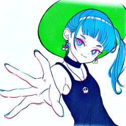  1girl absurdres arm_up black_camisole black_choker blue_eyes blue_hair blue_nails blunt_bangs camisole choker closed_mouth commentary_request cross-shaped_pupils dot_nose earrings film_grain firework_japan flower_earrings green_hat hat highres jewelry mismatched_pupils nail_polish necklace original outstretched_arm outstretched_hand piercing side_ponytail simple_background skull_necklace solo symbol-shaped_pupils white_background wide_brim 