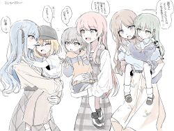  6+girls aged_down bang_dream! bang_dream!_it's_mygo!!!!! black_hat blonde_hair blue_eyes brown_hair bug carrying carrying_person chihaya_anon dress fang green_hair grey_eyes grey_hair hair_ribbon hat highres holding_bug hood hoodie light_blush long_hair long_sleeves looking_at_another misumi_uika multiple_girls nagasaki_soyo piggyback pink_eyes pink_hair ribbon shirt short_hair skirt speech_bubble suudori sweatdrop takamatsu_tomori three-quarter_sleeves togawa_sakiko wakaba_mutsumi white_background yellow_eyes 