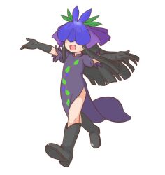  aged_down black_gloves boots commentary_request dress flower flower_on_head food_print fruit_print gloves grape_print lobelia_(flower) mizusoba purple_dress purple_flower touhou vine_print yomotsu_hisami 