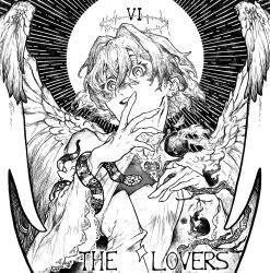  1girl ange_katrina angel_wings branch commentary crossed_bangs earrings english_commentary english_text feathered_wings finger_to_mouth greyscale hair_between_eyes hair_intakes halo hands_up highres holding holding_branch jewelry long_bangs long_sleeves looking_at_viewer medium_hair monochrome nijisanji official_alternate_costume open_mouth roman_numeral shou-star single_earring snake snake_wrapped_around_arm solo sunburst sunburst_background tarot the_lovers_(tarot) traditional_media upper_body virtual_youtuber wings 
