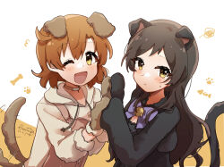  2girls ;d animal_ears animal_hands brown_hair brown_hoodie brown_overalls cat_ears cat_tail closed_mouth commentary dog_ears dog_paws dog_tail gloves highres hood hood_down hoodie idolmaster idolmaster_million_live! idolmaster_million_live!_theater_days kitazawa_shiho kitazawa_shiho_(soraneko_cafe) long_hair looking_at_viewer multiple_girls nnnn official_alternate_costume one_eye_closed open_mouth orange_hair overalls paw_gloves short_hair smile tail tail_wagging upper_body wanwan_wonderful_(idolmaster) yabuki_kana yellow_eyes 