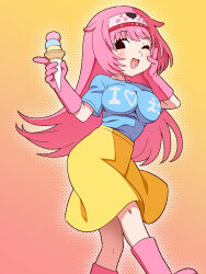  1girl black_eyes blue_shirt blush boots breasts commentary_request food gloves gradient_background hair_flaps hand_on_own_cheek hand_on_own_face headband highres holding holding_food holding_ice_cream ice_cream ice_cream_cone impossible_clothes impossible_shirt jakasu kemono_friends large_breasts long_hair looking_at_viewer one_eye_closed open_mouth otodo-chan_(kemono_friends) pink_gloves pink_hair shirt short_sleeves skirt smile solo virtual_youtuber walking white_headband yellow_background yellow_skirt 