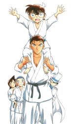  2girls 3boys :d aoyama_goushou arms_up bandaid bandaid_on_face barefoot black-framed_eyewear black_hair blue_eyes blue_hairband blue_shirt brown_hair cape carrying closed_mouth collarbone dougi edogawa_conan feet_out_of_frame full_body glasses hairband hat highres jacket kaitou_kid karate_gi kyougoku_makoto long_hair looking_at_another looking_at_viewer meitantei_conan monocle mouri_ran multiple_boys multiple_girls necktie non-web_source official_art open_mouth outstretched_arms painting_(medium) pants red_necktie shirt short_hair shoulder_carry simple_background smile standing straight-on suzuki_sonoko top_hat traditional_media watercolor_(medium) white_background white_cape white_hat white_jacket white_pants 
