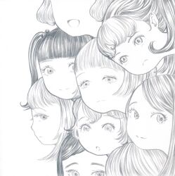  6+girls absurdres expressionless eyelashes eyes_out_of_frame greyscale head_out_of_frame highres long_hair looking_at_viewer monochrome multiple_girls original sato_(osappun) short_hair simple_background smile traditional_media twintails white_background 
