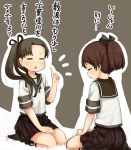  2girls abe_kanari ayanami_(kantai_collection) kantai_collection kneehighs multiple_girls personification pleated_skirt ponytail school_uniform serafuku shikinami_(kantai_collection) skirt translated 