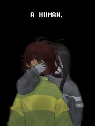  2others alternate_hair_length_(longer) antenna_hair behind_another black_background black_shirt brown_hair colored_skin commentary crying crying_with_eyes_open deltarune green_sweater grey_skin grey_sweater hand_on_another's_mouth hand_on_another's_shoulder highres kris_(deltarune) long_bangs long_hair long_sleeves medium_hair multiple_others red_eyes shirt shirt_under_sweater simple_background skipppppy striped_clothes striped_sweater sweater tears tears_from_one_eye untranslatable_commentary utdr_(toby_fox) v-neck vessel_(deltarune) 