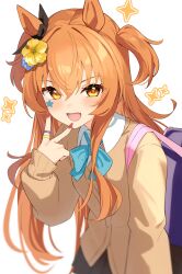  1girl absurdres animal_ears bag blue_bow blush bow breasts brown_cardigan cardigan collared_shirt commentary_request ear_bow ear_flower ear_ribbon flower hair_between_eyes hair_flower hair_ornament highres horse_ears horse_girl long_hair long_sleeves looking_at_viewer mayano_top_gun_(umamusume) meyamu official_alternate_costume open_mouth orange_eyes orange_hair red_nails school_bag school_uniform shirt simple_background smile two_side_up umamusume v white_shirt 