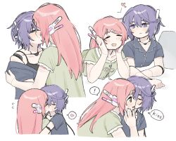  ! 2girls 522_2536 blush commentary_request couple green_eyes heart highres kiss kissing_cheek momone_momo multiple_girls pajamas pink_hair purple_hair smile spoken_exclamation_mark spoken_heart utane_uta utau violet_eyes yuri 