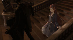  1girl black_hairband blue_dress closed_mouth commentary_request dress hairband hand_on_railing highres idolmaster idolmaster_million_live! idolmaster_million_live!_theater_days liselsia long_hair long_sleeves red_eyes red_hair solo stairs standing statue tanaka_kotoha 