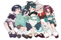  5boys absurdres aged_down animal_slippers black_hair blubberbeast_(genshin_impact) blush cat cat_slippers closed_eyes commentary_request drooling genshin_impact green_hair grey_hair hair_between_eyes highres hood hood_down hood_up invisible_chair kaedehara_kazuha leaning_on_person leaning_to_the_side leg_warmers long_sleeves male_focus mashiro_io mole mole_under_eye mouth_drool multicolored_hair multiple_boys pants parted_lips red_hair scaramouche_(cat)_(genshin_impact) scaramouche_(genshin_impact) shikanoin_heizou short_sleeves shorts simple_background sitting sleeping sleeping_upright slippers stuffed_animal stuffed_toy venti_(genshin_impact) white_background white_leg_warmers xiao_(bird)_(genshin_impact) xiao_(genshin_impact) 