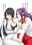  2girls black_hair female_admiral_(kantai_collection) highres jun&#039;you_(kantai_collection) kantai_collection long_hair multiple_girls naval_uniform niwatazumi purple_hair red_eyes violet_eyes white_background yuri 