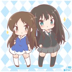  2girls argyle_background black_cardigan black_hair black_socks blue_dress blue_eyes blue_necktie blush brown_eyes brown_hair brown_shoes cardigan chibi collared_shirt colored_shadow commentary_request diagonal-striped_clothes diagonal-striped_necktie dress grey_skirt idolmaster idolmaster_cinderella_girls kneehighs long_hair long_sleeves mitarashi_neko multiple_girls necktie pleated_skirt puffy_long_sleeves puffy_sleeves sagisawa_fumika school_uniform shadow shirt shoes skirt socks sparkle striped_clothes striped_necktie tachibana_arisu very_long_hair white_shirt white_socks 