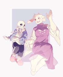  1boy 1girl animal_ears black_shorts blue_jacket breasts brown_eyes commentary delta_rune_(symbol) dress fangs furry furry_female goat_ears goat_girl highres hood jacket long_sleeves looking_at_another pink_slippers purple_dress sans_(undertale) shirt shorts shout_ing skeleton skin_fangs slippers toriel undertale utdr_(toby_fox) white_shirt 