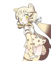  :o animal_ears animal_print blonde_hair commentary_request geoffroy's_cat_(kemono_friends) kemono_friends kokaki_mumose looking_at_viewer looking_back overall_skirt polka_dot polka_dot_skirt skirt spotted_skirt striped_clothes striped_thighhighs thigh-highs twintails white_background yellow_eyes yellow_thighhighs 