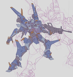  commentary english_commentary full_body grey_background gun hand_up highres holding holding_gun holding_weapon looking_to_the_side mecha original outstretched_hand poch4n robot simple_background spot_color standing weapon zoom_layer 
