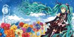  1girl aqua_eyes aqua_hair clouds elbow_gloves fingerless_gloves floating_hair flower gloves hair_ribbon hat hatsune_miku headset iroha_(shiki) long_hair mini_top_hat musical_note nail_polish necktie open_mouth ribbon skirt sky solo speaker thighhighs top_hat twintails very_long_hair vocaloid 