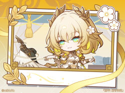  1girl aglaea_(honkai:_star_rail) ancient_greek_clothes aqua_eyes blonde_hair chibi chibi_only chinese_commentary commentary_request dress flower greco-roman_clothes hair_between_eyes hair_flower hair_ornament holding holding_pen honkai:_star_rail honkai_(series) laurel_crown looking_to_the_side mannequin medium_hair official_art parted_lips pen solo white_dress white_flower 