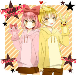  1boy 1girl 2000s_(style) animification border bow character_name commentary_request copyright_name cuddles_(happy_tree_friends) diagonal-striped_background giggles_(happy_tree_friends) hair_bow hair_ornament hairclip hand_puppet happy_tree_friends highres hood hoodie humanization kanako_(hiroko) parallel_hairclips pink_hoodie puppet red_bow star_(symbol) striped_background white_border yellow_hoodie 