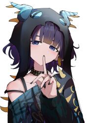  1girl absurdres alternate_hair_length_(shorter) black_nails blue_eyes blush carternanmen dress finger_to_mouth green_dress highres hololive hololive_english looking_at_viewer nail_polish ninomae_ina'nis ninomae_ina'nis_(nu_udra) official_alternate_costume pointy_ears purple_hair short_hair solo tentacle_hair virtual_youtuber 
