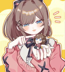  1girl alternate_eye_color black_bow black_bowtie blue_eyes blue_nails blush bow bowtie breasts brown_hair cardigan commentary_request fingernails frilled_shirt frills hair_intakes hair_ornament hairclip hewdrawobake highres index_finger_raised large_breasts long_hair long_sleeves mini_person minigirl nail_polish nijisanji open_mouth pink_bow pink_bowtie pink_cardigan ponytail shirt smile striped_bow suzuhara_lulu suzuhara_lulu_(1st_costume) two-tone_bow virtual_youtuber white_shirt yellow_background 