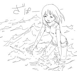  1girl ^_^ blush breasts closed_eyes commentary_request greyscale happy highres kunikida_kunio medium_breasts medium_hair monochrome open_mouth original playing short_sleeves smile solo splashing wet wet_clothes 