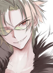  1boy blonde_hair commentary_request fur_trim grin kurashiki_kuraudo looking_at_viewer male_focus parted_lips rakudai_kishi_no_cavalry red_eyes sharp_teeth short_hair simple_background smile solo teeth tinted_eyewear upper_body white_background won_(az_hybrid) yellow-tinted_eyewear 