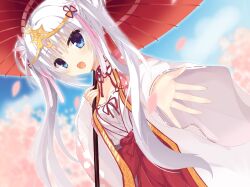  1girl :d blue_eyes blue_sky blurry blurry_background blush breasts cherry_blossoms chinese_commentary commentary_request cowboy_shot day detached_collar dutch_angle eyes_visible_through_hair falling_petals gold_tiara hair_between_eyes hakama hakama_skirt hand_up highres holding holding_umbrella japanese_clothes kimono long_hair long_sleeves looking_at_viewer medium_breasts nontraditional_miko oil-paper_umbrella open_mouth outdoors outstretched_arm outstretched_hand petals pink_kimono reaching reaching_towards_viewer red_hakama red_umbrella ribbon-trimmed_sleeves ribbon_trim senren_banka skirt sky smile solo tassel tiara tomotake_yoshino twintails two-tone_kimono umbrella very_long_hair white_hair white_kimono wide_sleeves xiaoyin_sama 