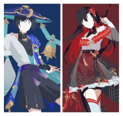  1boy 1girl anemo_symbol_(genshin_impact) arms_at_sides asymmetrical_bangs belt black_bodysuit black_bow black_bridal_gauntlets black_hair black_sash black_shorts black_shrug blue_background blue_cape blue_gem blue_hat blue_jingasa blue_kimono blue_sleeves blunt_ends bodysuit border bow bridal_gauntlets brooch cape character_request choppy_bangs colored_inner_hair commission curtained_hair ddyanx2 earrings faceless faceless_female faceless_male facing_viewer feather_hair_ornament feathers fingerless_gloves floating floating_object floating_weapon flower frilled_skirt frills furisode gem genshin_impact gloves gold gold_belt grey_skirt grey_sleeves hair_flower hair_intakes hair_ornament hakama hakama_shorts hat highres holding holding_polearm holding_weapon japanese_clothes jewelry jingasa juban kimono layered_skirt layered_sleeves long_hair mandarin_collar medium_skirt multicolored_hair no_eyes no_mouth off_shoulder open_clothes open_hand open_kimono original over-kneehighs pleated_shorts plum_blossoms polearm pom_pom_(clothes) purple_rope purple_sash pyro_symbol_(genshin_impact) red_background red_flower red_gem red_hair red_skirt rope sash scaramouche_(genshin_impact) second-party_source see-through_clothes see-through_skirt see-through_sleeves short_sleeves shorts shoulder_peek shrug_(clothing) side_cape skirt socks tassel thigh-highs thigh_strap tulaytullah's_remembrance_(genshin_impact) two-tone_background vision_(genshin_impact) wanderer_(genshin_impact) weapon weapon_on_back weapon_tassel white_border white_gloves white_kimono white_skirt white_sleeves white_socks yellow_feathers 