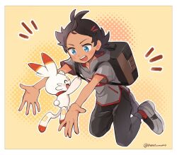  1boy :d backpack bag black_pants blue_eyes border brown_bag commentary_request goh_(pokemon) grey_shirt grey_shoes happy highres male_focus open_mouth outline pants pokemon pokemon_(anime) pokemon_(creature) pokemon_journeys pokesumomo red_socks scorbunny shirt shoes short_sleeves smile socks teeth twitter_username upper_teeth_only white_border yellow_background 