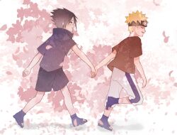  2boys absurdres black_hair black_headband black_sandals black_shirt black_shorts blonde_hair closed_eyes collared_shirt facial_mark falling_leaves forehead_protector headband highres holding_hands leaf looking_at_another male_focus multiple_boys naruto_(classic) naruto_(series) open_mouth pants profile sandals shirt short_hair short_sleeves shorts smile soraneko0330 spiky_hair striped_clothes striped_pants uchiha_sasuke uzumaki_naruto walking whisker_markings white_pants wide_sleeves 
