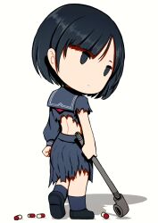  1girl arms_at_sides beeru_(veil8801) black_eyes black_hair black_shoes blue_sailor_collar blue_serafuku blue_shirt blue_skirt blue_socks bob_cut chibi chibi_only clenched_hand closed_mouth commentary from_behind full_body heel_up highres holding holding_lead_pipe lead_pipe long_sleeves looking_at_viewer looking_back pill pleated_skirt sailor_collar school_uniform serafuku shadow shimizu_hinako shirt shoe_soles shoes short_hair silent_hill_(series) silent_hill_f simple_background skirt socks solid_eyes solo standing torn_clothes torn_skirt torn_sleeves white_background 