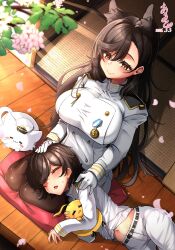  1boy 1girl aruto_(shake_onigiri) atago_(azur_lane) azur_lane black_hair breasts cat commentary_request flower highres house large_breasts long_hair manjuu_(azur_lane) medal military_uniform mother_and_child mother_and_son navel parent_and_child petals shota very_long_hair yellow_eyes 