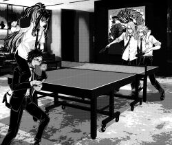  ankle_strap arm_around_neck ball buttons carrying commentary_request daybit_sem_void fate/grand_order fate_(series) full_body greyscale highres holding_table_tennis_paddle izcalli_(fate) long_hair monochrome mouth_hold multicolored_hair necktie on_shoulder painting_(object) round_eyewear short_hair short_sleeves shoulder_carry streaked_hair suit table_tennis table_tennis_ball tenochtitlan_(fate) tezcatlipoca_(fate) wakkamaji 