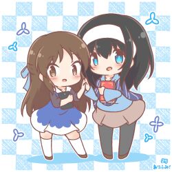  2girls :d black_pantyhose blue_dress blue_shirt blush book brown_eyes brown_hair brown_shoes brown_skirt checkered_background chibi colored_shadow commentary_request dress hairband hugging_object idolmaster idolmaster_cinderella_girls long_hair looking_at_viewer mitarashi_neko multiple_girls pantyhose sagisawa_fumika shadow shirt shoes skirt smile socks tablet_pc tachibana_arisu very_long_hair white_hairband white_socks 