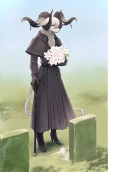  1boy black_capelet black_coat body_fur bouquet cane capelet coat commentary_request flower full_body furry furry_male goat_boy goat_horns grey_eyes highres holding holding_bouquet holding_cane horn_ornament horns hukurom lily_(flower) live_a_hero male_focus multiple_horns outdoors solo standing tail tombstone vlaham_(live_a_hero) white_flower white_fur 