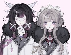  2girls black_collar black_hair blue_eyes bonnet bow brown_hair closed_eyes coat collar columbina_(genshin_impact) commentary detached_collar detached_sleeves eye_mask fatui_coat fur-trimmed_coat fur_trim genshin_impact hair_ornament hair_ribbon head_wings highres long_hair mask multicolored_hair multiple_girls multiple_wings musical_note pink_background purple_hair purple_streaks ribbon sandrone_(genshin_impact) si_i0o47 simple_background smile streaked_hair two-tone_hair upper_body white_coat white_headdress white_wings wing_hair_ornament wings 