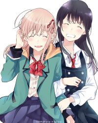  2girls amano_konatsu black_dress black_hair blue_skirt blush clenched_teeth closed_eyes dress facing_viewer green_jacket hagino_makoto hair_ribbon hand_up highres hirose_kaede jacket locked_arms long_hair long_sleeves missing_commentary multiple_girls necktie nettaigyo_wa_yuki_ni_kogareru official_art open_clothes open_jacket pinafore_dress pleated_skirt red_necktie red_ribbon ribbon shirt simple_background skirt sleeveless sleeveless_dress teeth white_background white_shirt 