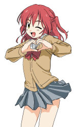  1girl blush bocchi_the_rock! brown_cardigan cardigan commentary_request green_eyes grey_skirt heart heart_hands highres kita_ikuyo kunikida_kunio long_hair one_eye_closed one_side_up open_mouth pleated_skirt red_hair sailor_collar simple_background skirt smile solo white_background white_sailor_collar 
